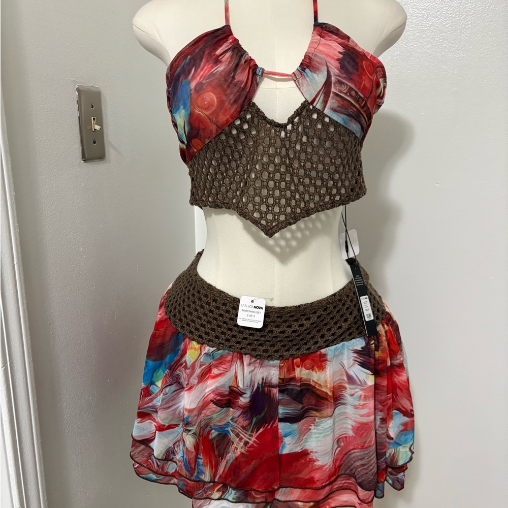 Fashion Nova Red Blue Multicolor Crochet Two-Piece Skirt Set XL NWT